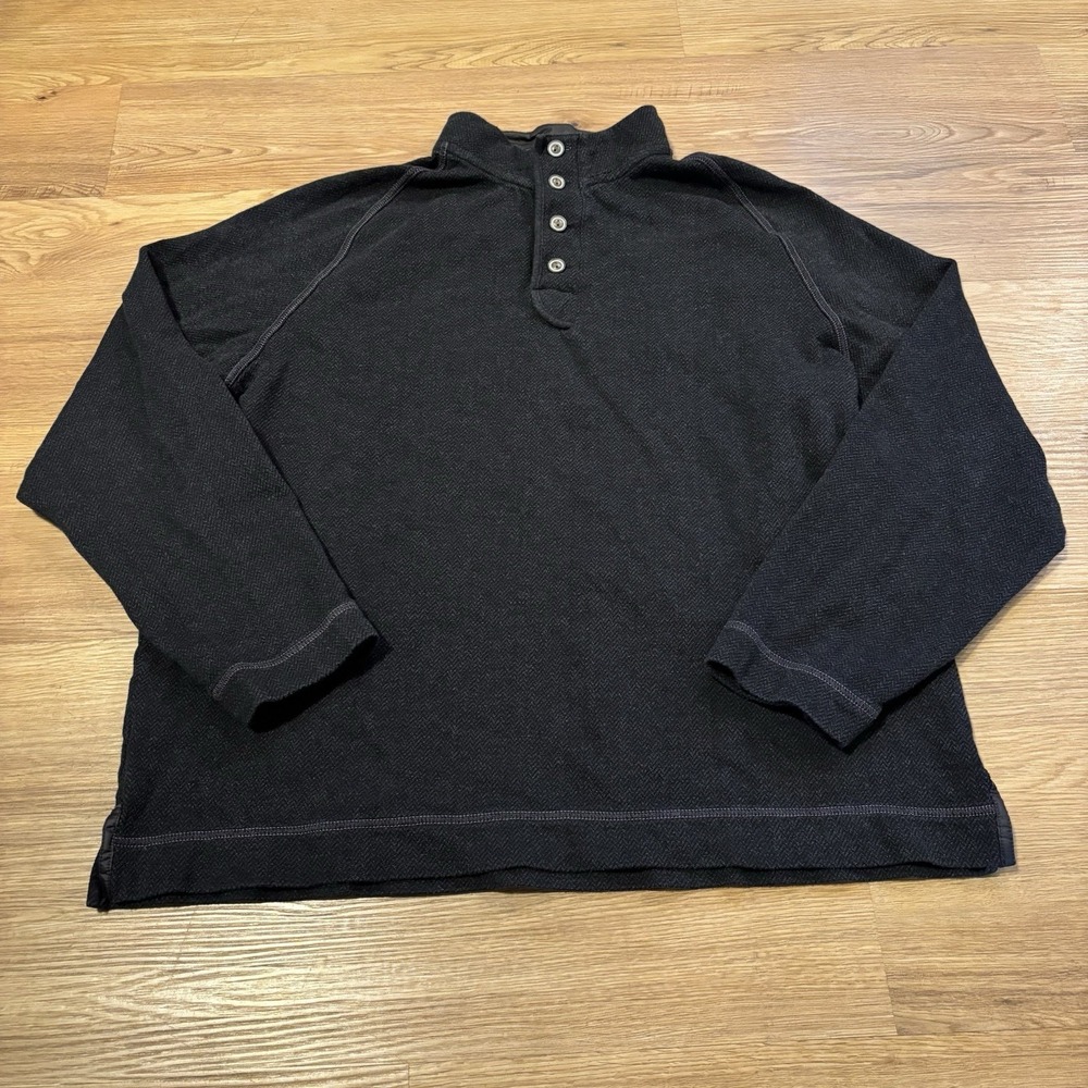 Tommy Bahama Henley Sweater Mens XL Herringbone Black 1/4 Button Mock Neck